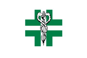 Bastone alato con due serpenti attorcigliati intorno a esso, detto caduceo, inserito in una croce verde su fondo bianco.
